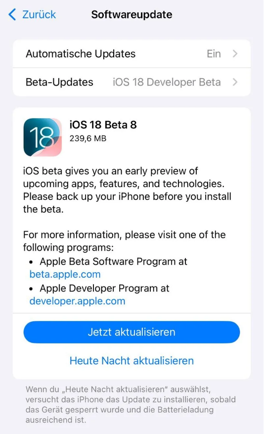 旬邑苹果手机维修分享苹果 iOS / iPadOS 18 开发者预览版 Beta 8 发布 